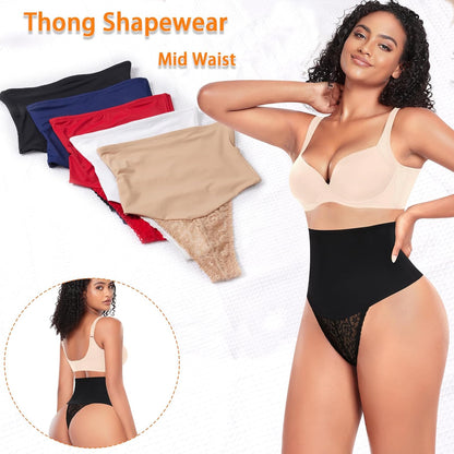 Tummy Control Thong Shapewear for Women Mid High Waisted Body Shaper Underwear Lace Shaping Thong Girdle Panties